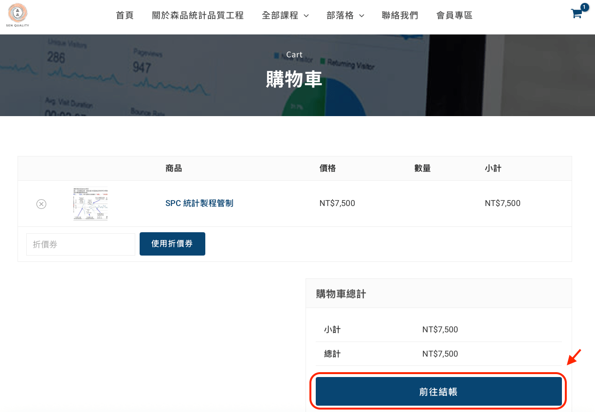 森品網站購物車頁面截圖,顯示「SPC 統計製程管制」課程的總金額,並清楚標示了紅框的「前往結帳」按鈕,引導使用者進行下一步付款。