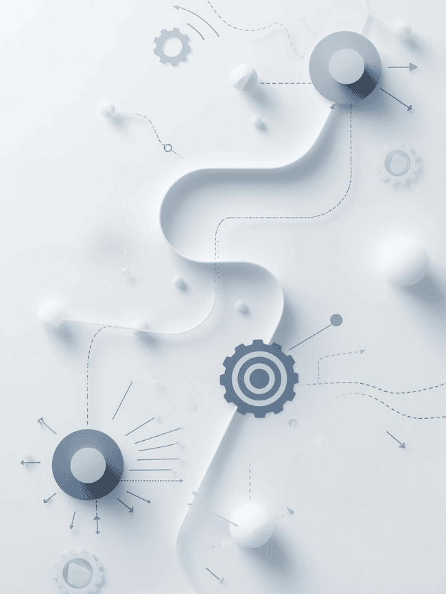 極簡風格的流程優化與品質控制概念圖，包含彎曲線條、齒輪靶心、和數據分析圖標。