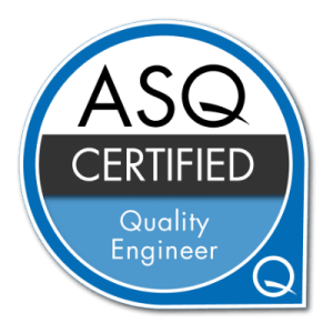 藍色圓形 ASQ CQE認證徽章，文字為「CERTIFIED Quality Engineer」。