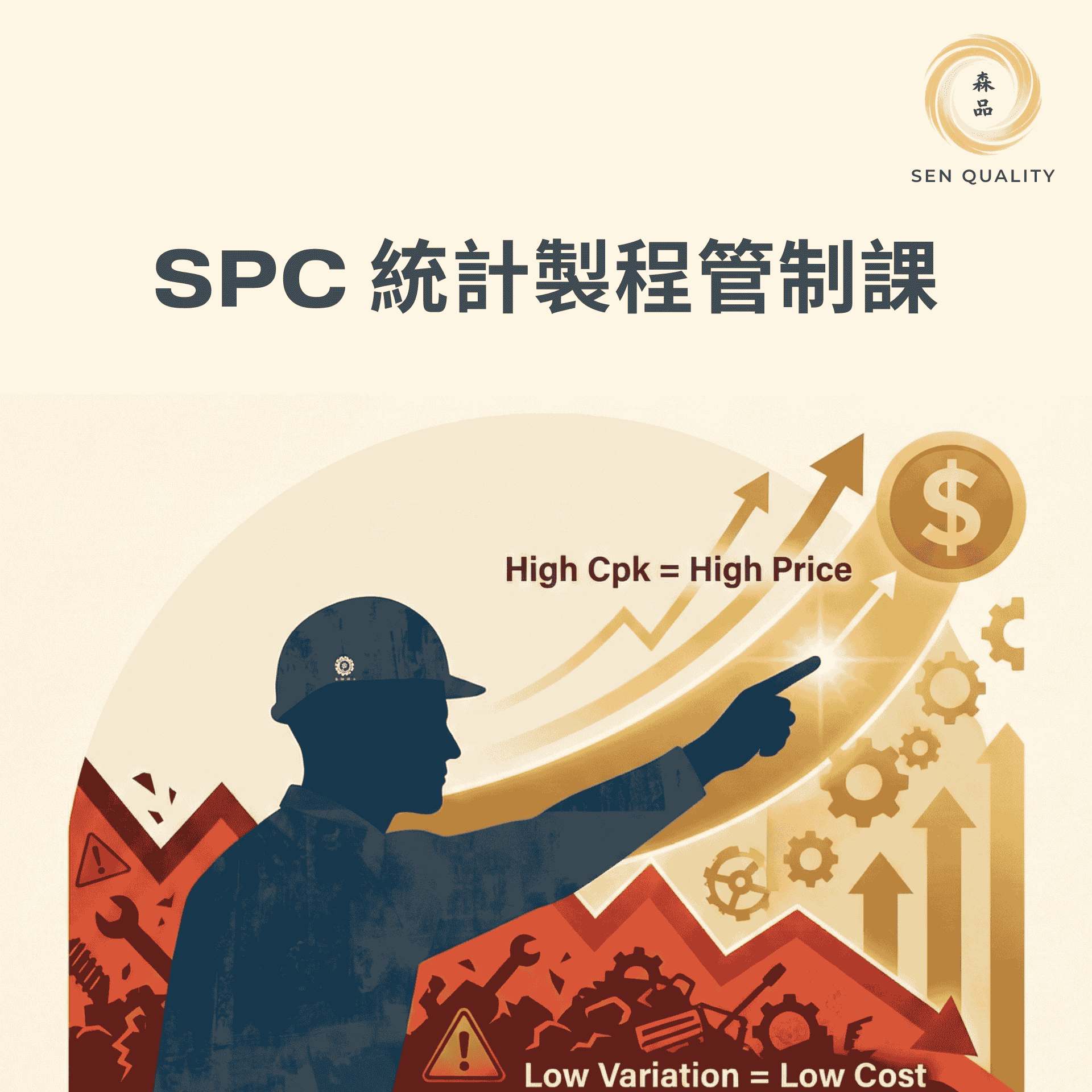 森品 SPC 統計製程管制實體課程海報：高 Cpk 等於高價值，低變異等於低成本。日期 3 月 28 日