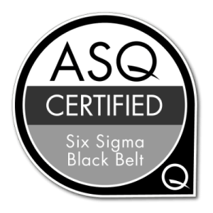 ASQ 六標準差黑帶認證徽章，圖中包含「ASQ」、「CERTIFIED」與「Six Sigma Black Belt」字樣。