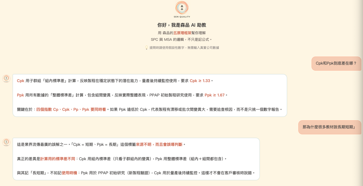 森品 AI 助教解析 Cpk 與 Ppk 計算標準差與時機差異的對話截圖